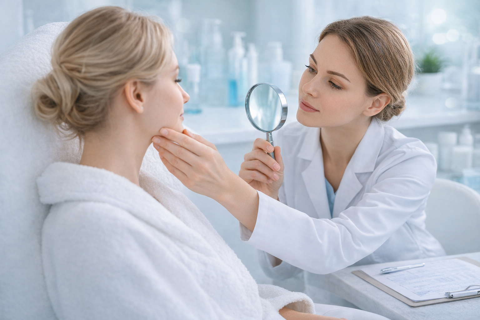 A close-up of a person's skin with a small mark, softly lit to show texture and detail.